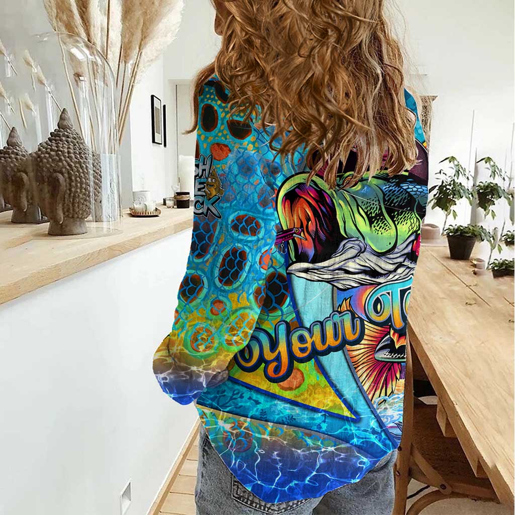 Personalized Kiss My Bass Fishing Women Casual Shirt Fish Me Luck - Wonder Print Shop