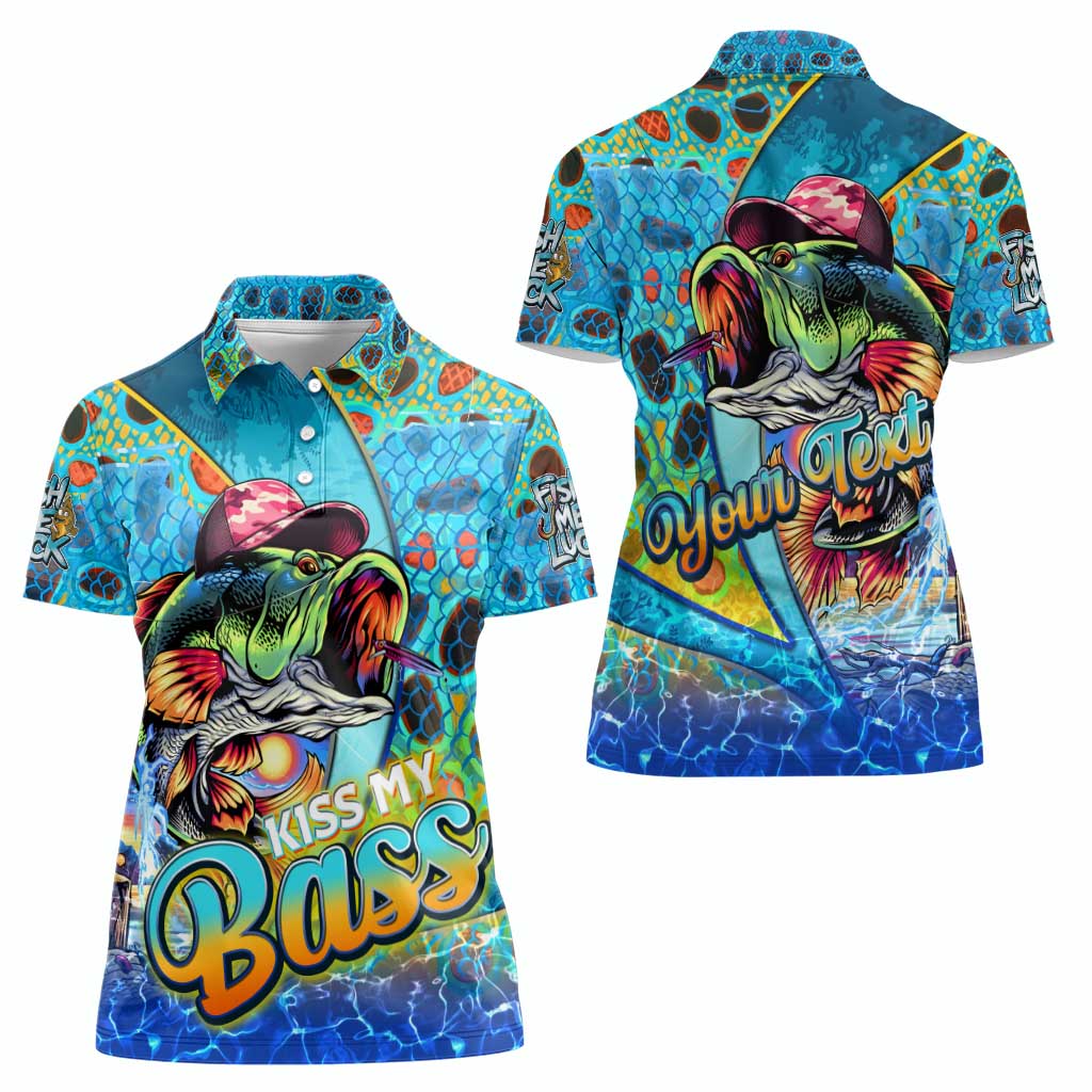 Personalized Kiss My Bass Fishing Women Polo Shirt Fish Me Luck - Wonder Print Shop