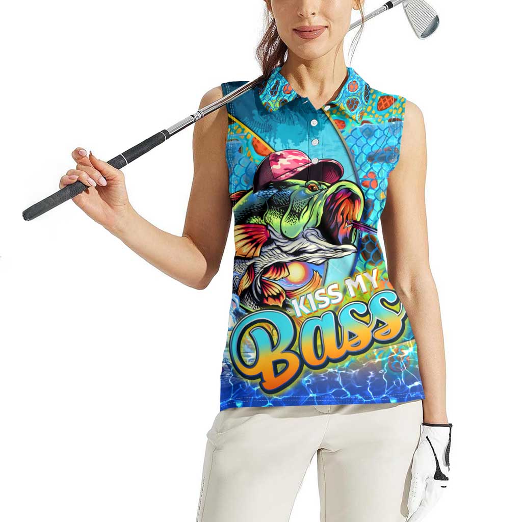 Personalized Kiss My Bass Fishing Women Sleeveless Polo Shirt Fish Me Luck - Wonder Print Shop