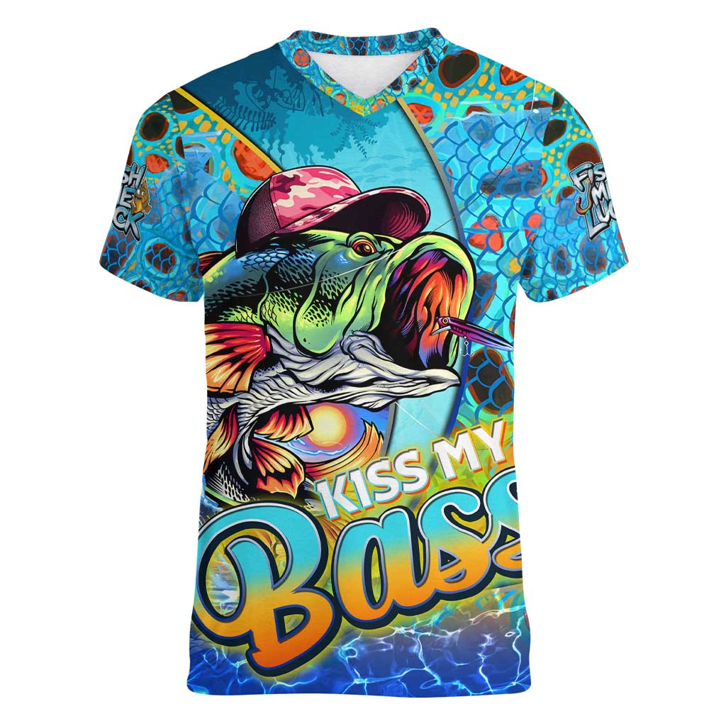 Personalized Kiss My Bass Fishing Women V-Neck T-Shirt Fish Me Luck - Wonder Print Shop