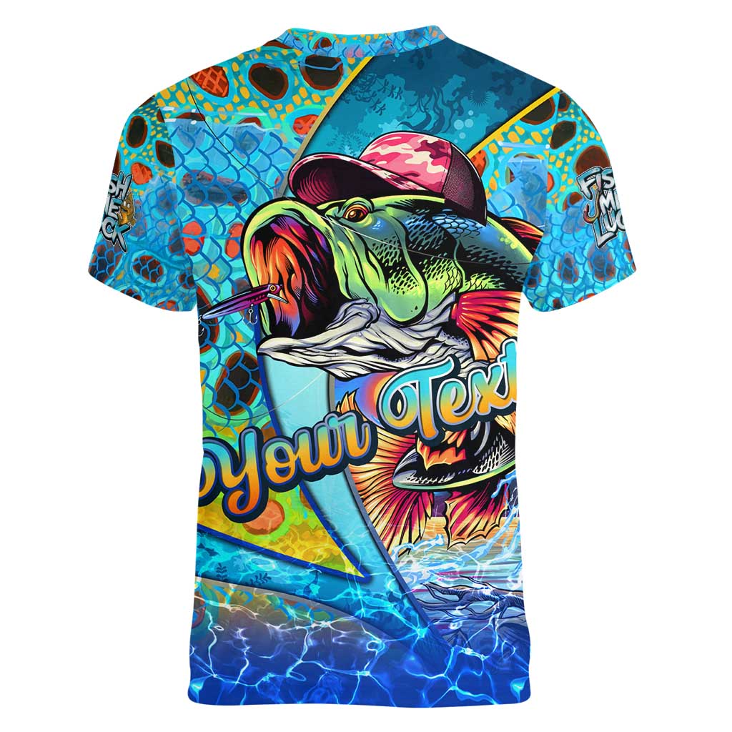 Personalized Kiss My Bass Fishing Women V-Neck T-Shirt Fish Me Luck - Wonder Print Shop