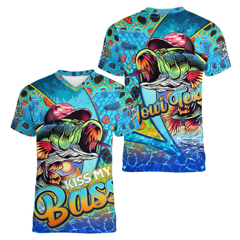 Personalized Kiss My Bass Fishing Women V-Neck T-Shirt Fish Me Luck - Wonder Print Shop