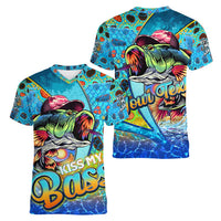 Personalized Kiss My Bass Fishing Women V-Neck T-Shirt Fish Me Luck - Wonder Print Shop