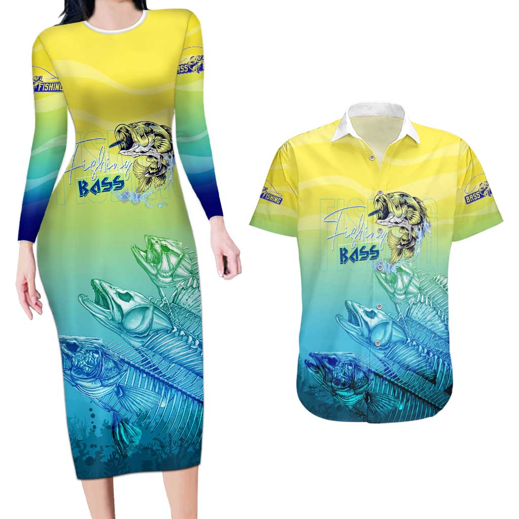 Personalized Fishing Bone Summer Bass Couples Matching Long Sleeve Bodycon Dress and Hawaiian Shirt Fishbone Ocean - Wonder Print Shop