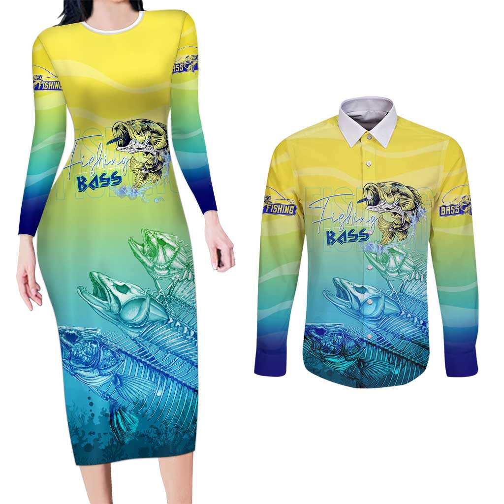 Personalized Fishing Bone Summer Bass Couples Matching Long Sleeve Bodycon Dress and Long Sleeve Button Shirt Fishbone Ocean - Wonder Print Shop