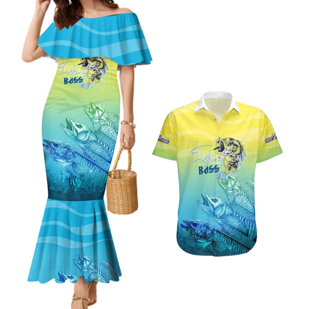 Personalized Fishing Bone Summer Bass Couples Matching Mermaid Dress and Hawaiian Shirt Fishbone Ocean - Wonder Print Shop