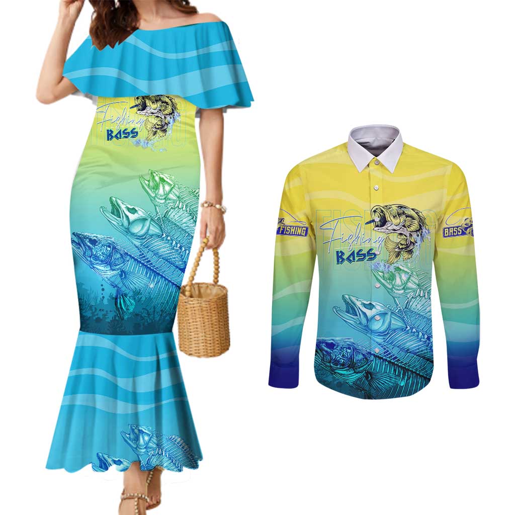 Personalized Fishing Bone Summer Bass Couples Matching Mermaid Dress and Long Sleeve Button Shirt Fishbone Ocean