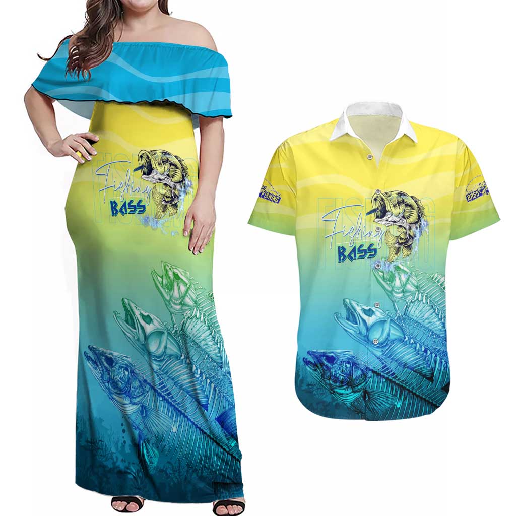 Personalized Fishing Bone Summer Bass Couples Matching Off Shoulder Maxi Dress and Hawaiian Shirt Fishbone Ocean - Wonder Print Shop