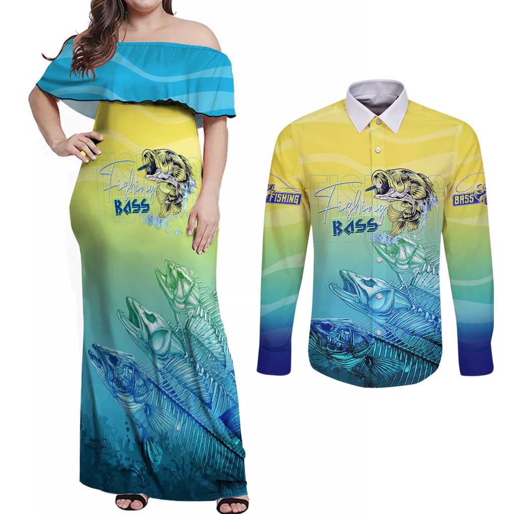 Personalized Fishing Bone Summer Bass Couples Matching Off Shoulder Maxi Dress and Long Sleeve Button Shirt Fishbone Ocean - Wonder Print Shop