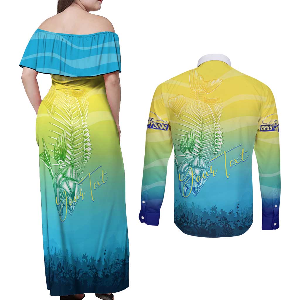 Personalized Fishing Bone Summer Bass Couples Matching Off Shoulder Maxi Dress and Long Sleeve Button Shirt Fishbone Ocean - Wonder Print Shop