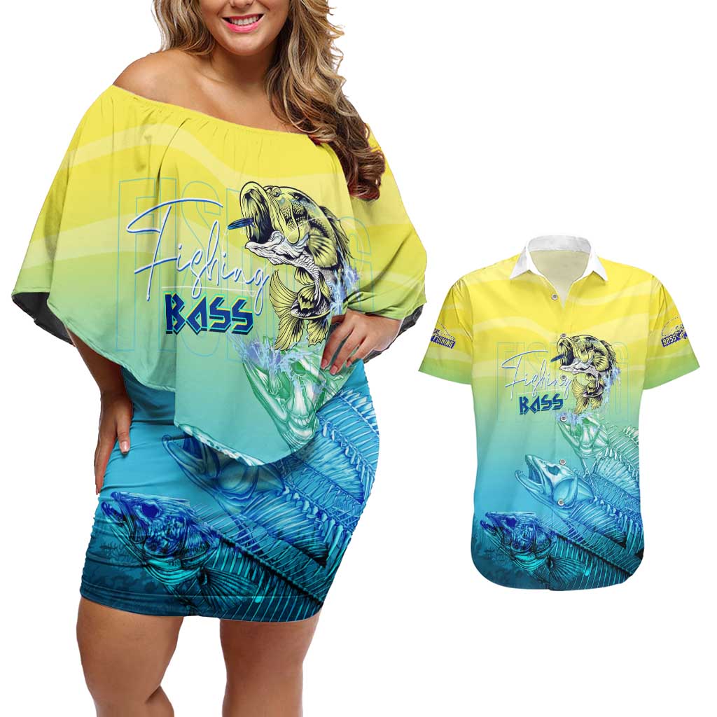 Personalized Fishing Bone Summer Bass Couples Matching Off Shoulder Short Dress and Hawaiian Shirt Fishbone Ocean - Wonder Print Shop