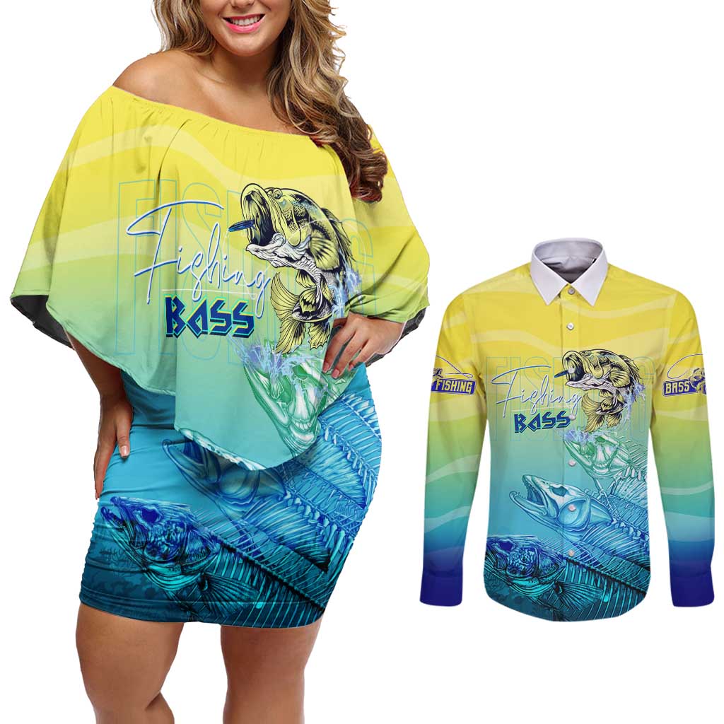 Personalized Fishing Bone Summer Bass Couples Matching Off Shoulder Short Dress and Long Sleeve Button Shirt Fishbone Ocean - Wonder Print Shop