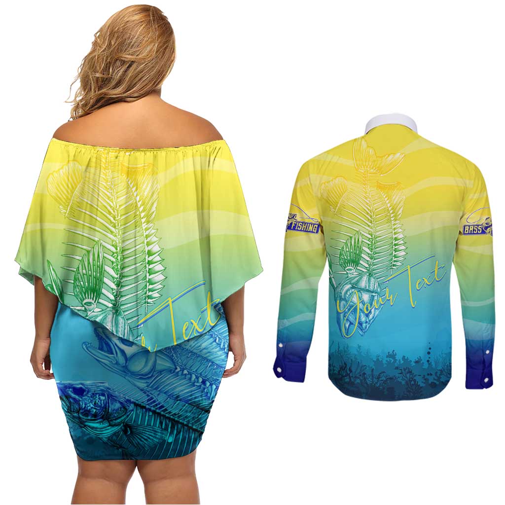 Personalized Fishing Bone Summer Bass Couples Matching Off Shoulder Short Dress and Long Sleeve Button Shirt Fishbone Ocean - Wonder Print Shop