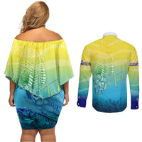 Personalized Fishing Bone Summer Bass Couples Matching Off Shoulder Short Dress and Long Sleeve Button Shirt Fishbone Ocean - Wonder Print Shop
