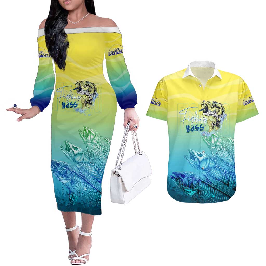 Personalized Fishing Bone Summer Bass Couples Matching Off The Shoulder Long Sleeve Dress and Hawaiian Shirt Fishbone Ocean - Wonder Print Shop