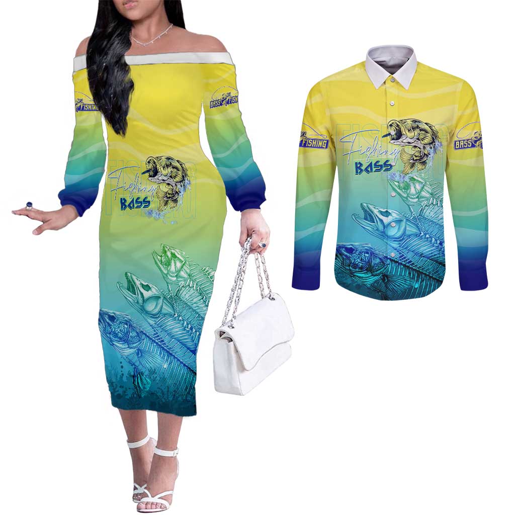Personalized Fishing Bone Summer Bass Couples Matching Off The Shoulder Long Sleeve Dress and Long Sleeve Button Shirt Fishbone Ocean