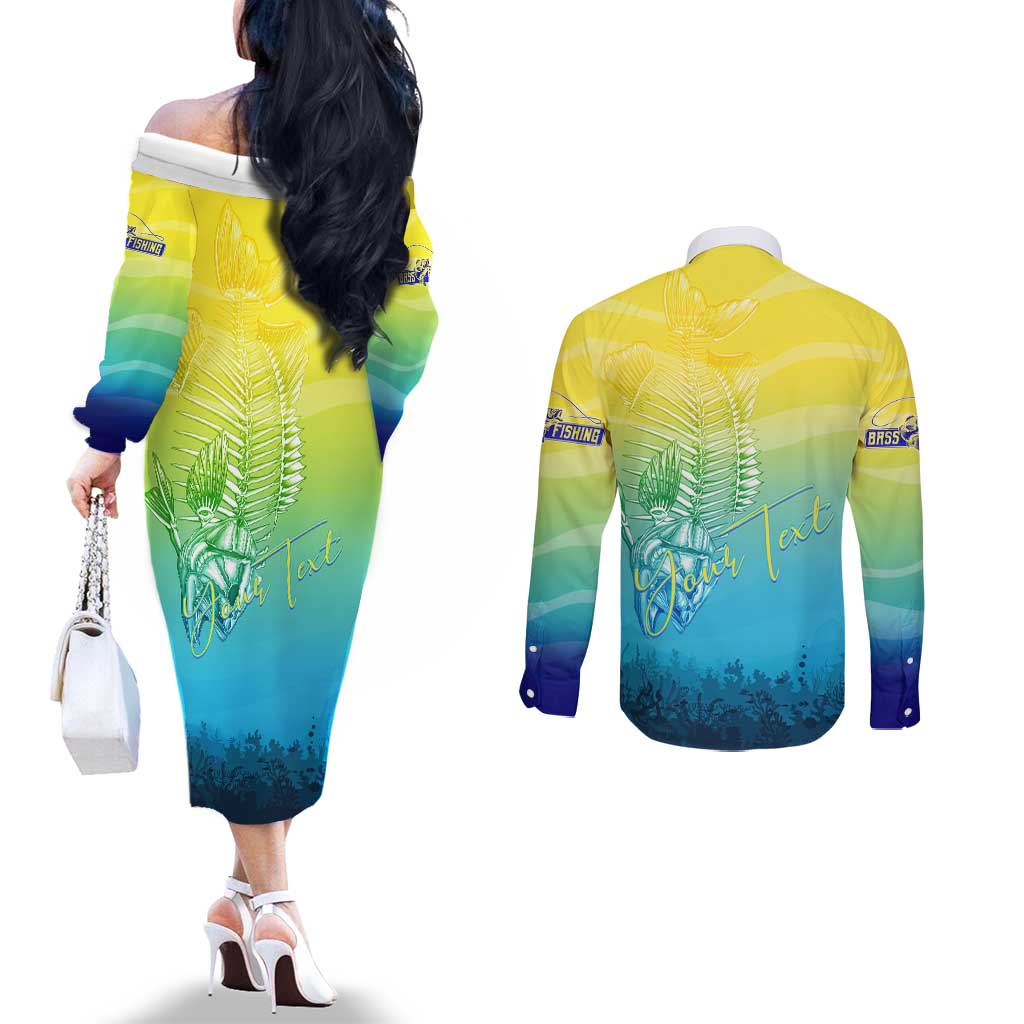 Personalized Fishing Bone Summer Bass Couples Matching Off The Shoulder Long Sleeve Dress and Long Sleeve Button Shirt Fishbone Ocean