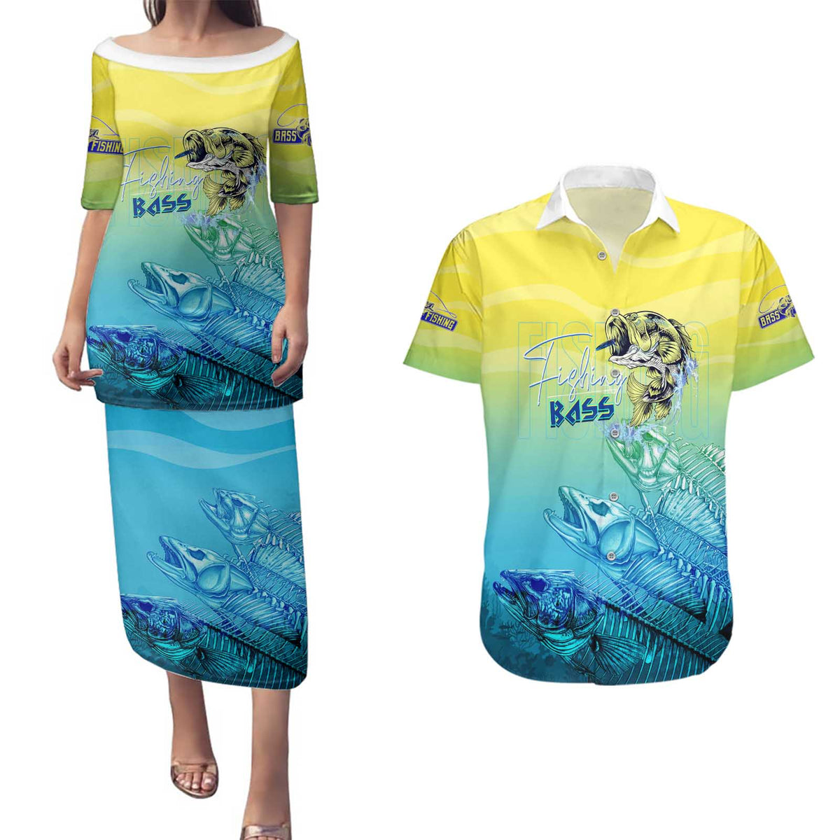 Personalized Fishing Bone Summer Bass Couples Matching Puletasi and Hawaiian Shirt Fishbone Ocean - Wonder Print Shop