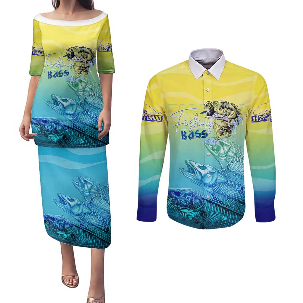 Personalized Fishing Bone Summer Bass Couples Matching Puletasi and Long Sleeve Button Shirt Fishbone Ocean - Wonder Print Shop