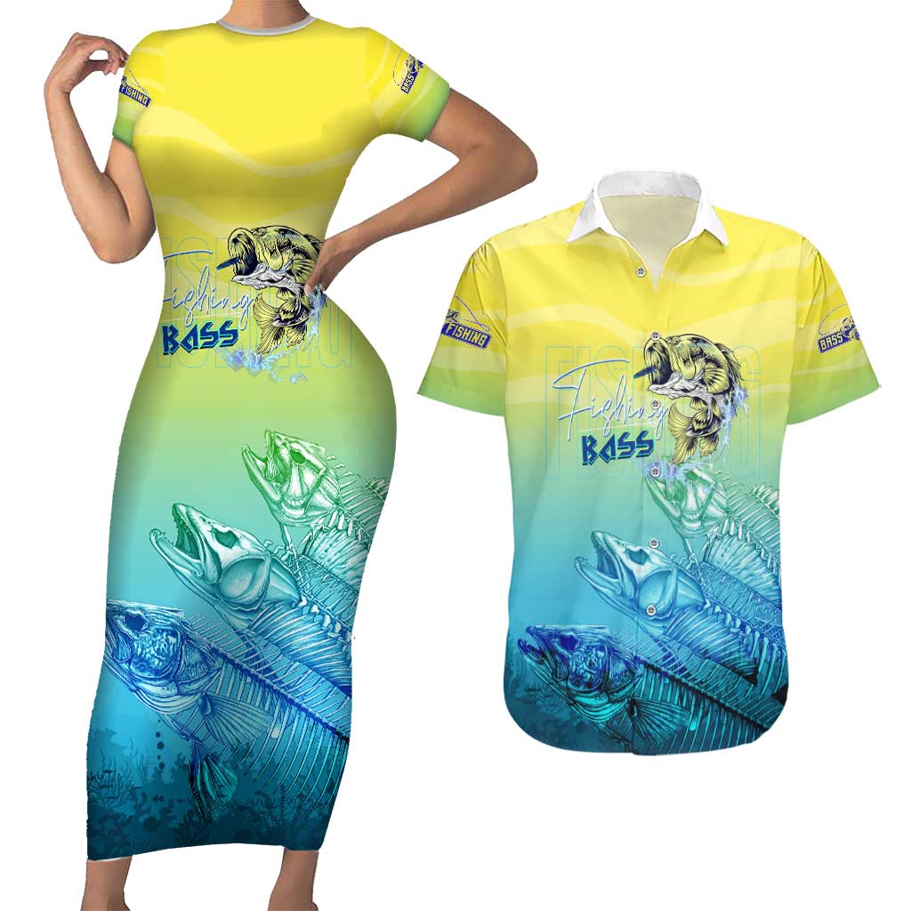 Personalized Fishing Bone Summer Bass Couples Matching Short Sleeve Bodycon Dress and Hawaiian Shirt Fishbone Ocean - Wonder Print Shop