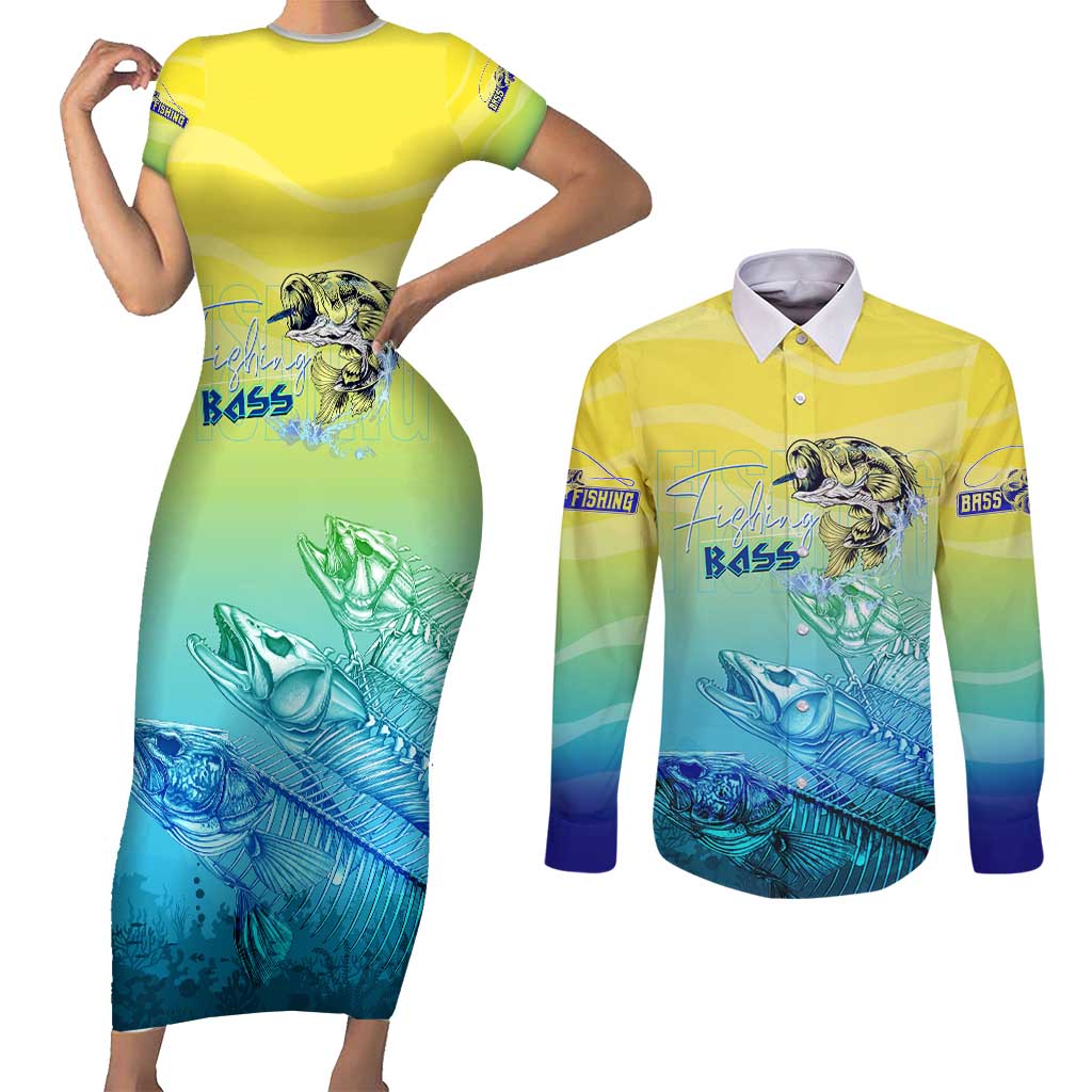 Personalized Fishing Bone Summer Bass Couples Matching Short Sleeve Bodycon Dress and Long Sleeve Button Shirt Fishbone Ocean - Wonder Print Shop