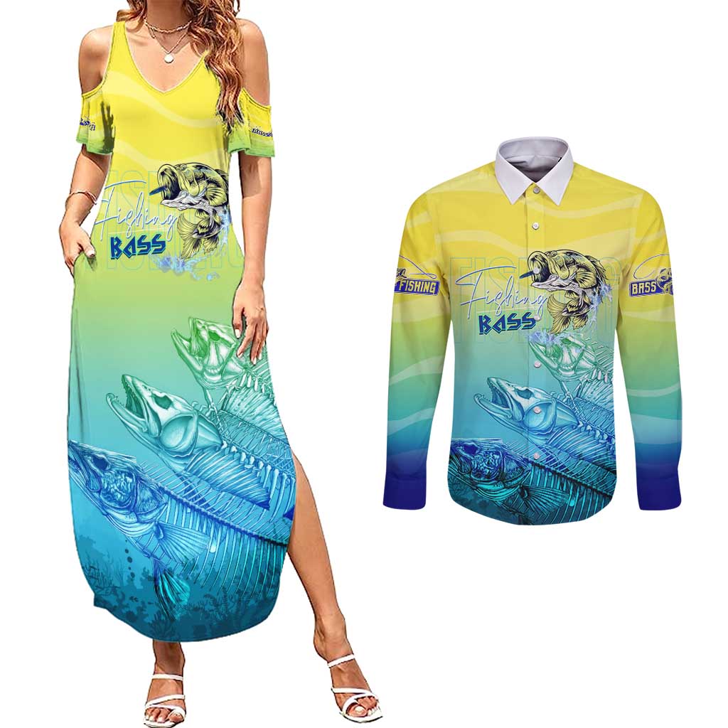 Personalized Fishing Bone Summer Bass Couples Matching Summer Maxi Dress and Long Sleeve Button Shirt Fishbone Ocean - Wonder Print Shop