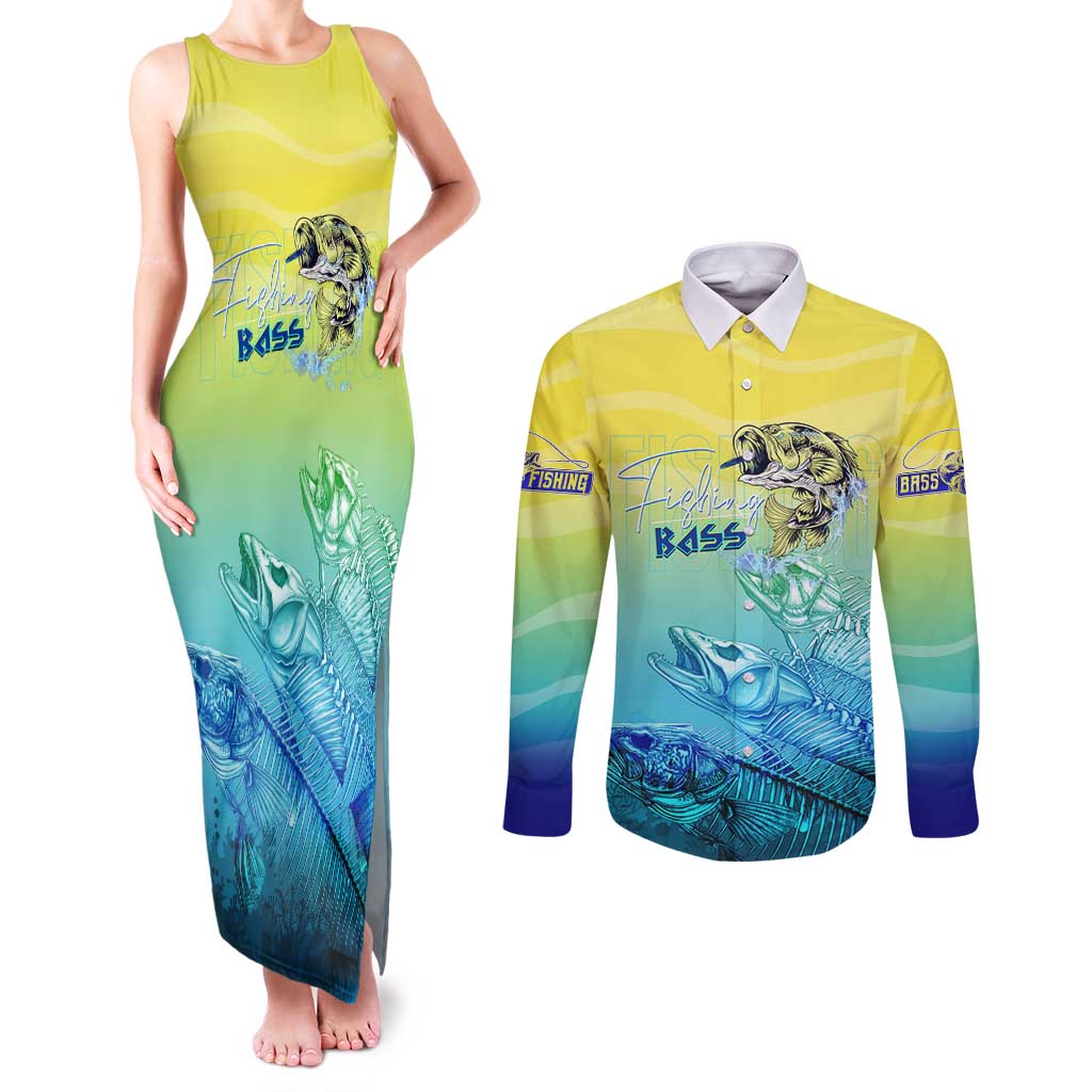 Personalized Fishing Bone Summer Bass Couples Matching Tank Maxi Dress and Long Sleeve Button Shirt Fishbone Ocean - Wonder Print Shop