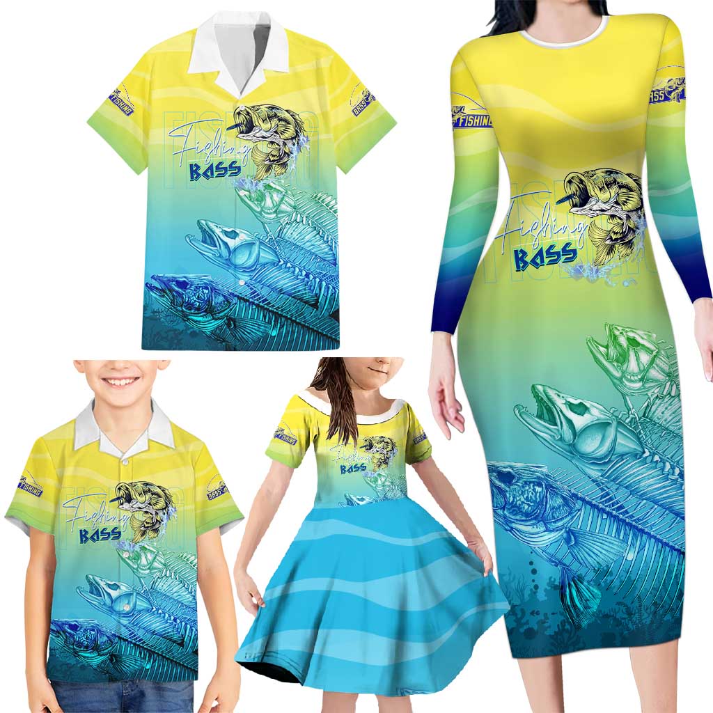 Personalized Fishing Bone Summer Bass Family Matching Long Sleeve Bodycon Dress and Hawaiian Shirt Fishbone Ocean - Wonder Print Shop