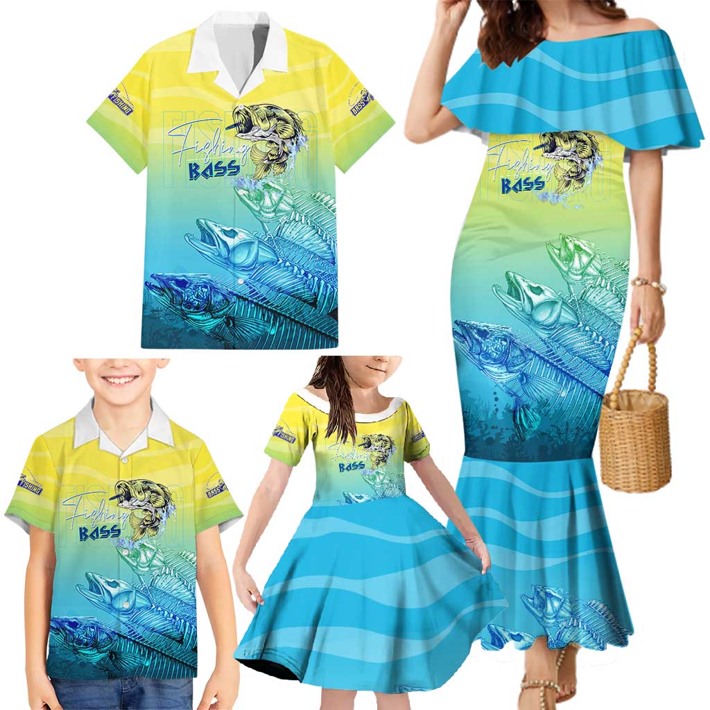 Personalized Fishing Bone Summer Bass Family Matching Mermaid Dress and Hawaiian Shirt Fishbone Ocean - Wonder Print Shop
