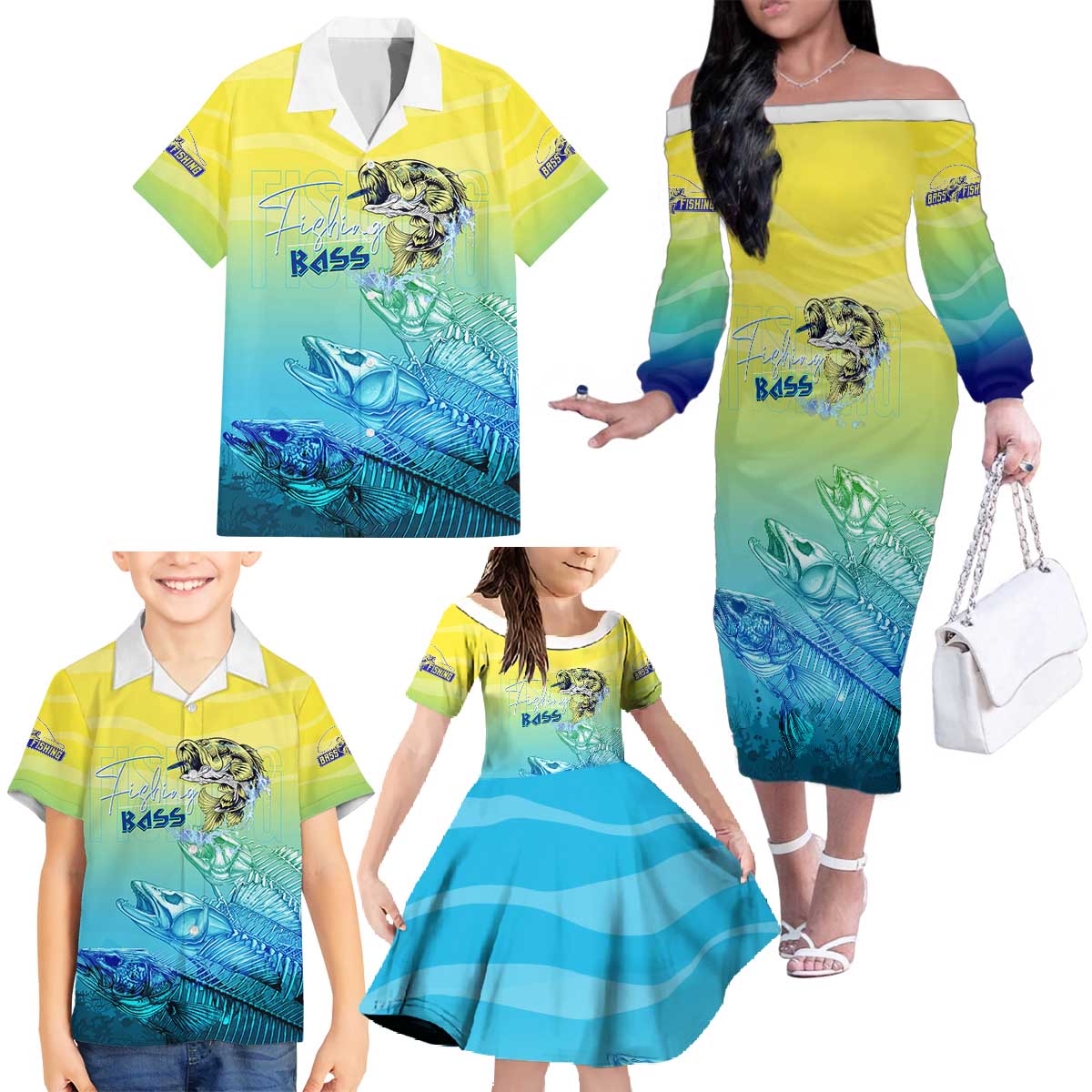 Personalized Fishing Bone Summer Bass Family Matching Off The Shoulder Long Sleeve Dress and Hawaiian Shirt Fishbone Ocean - Wonder Print Shop