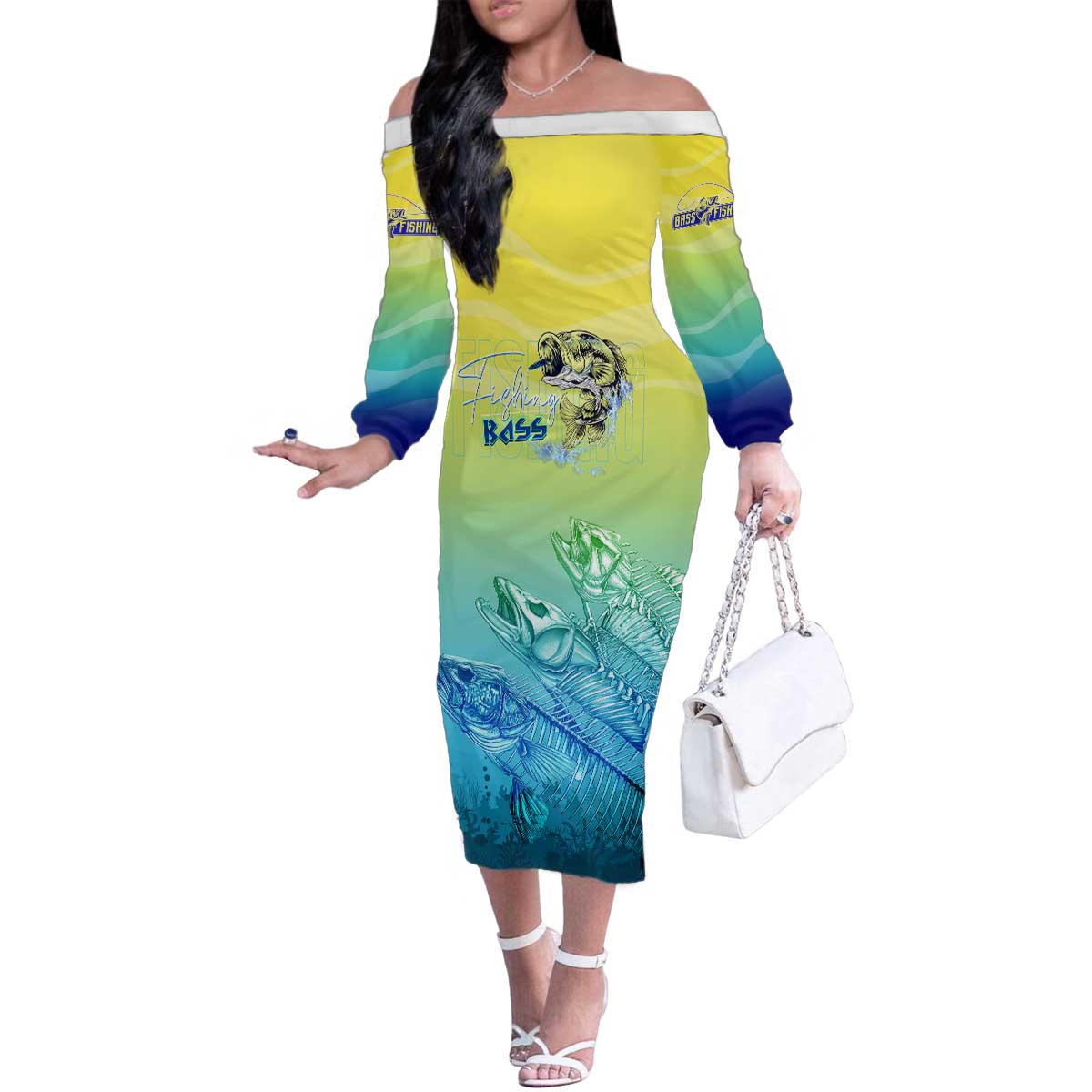 Personalized Fishing Bone Summer Bass Family Matching Off The Shoulder Long Sleeve Dress and Hawaiian Shirt Fishbone Ocean - Wonder Print Shop