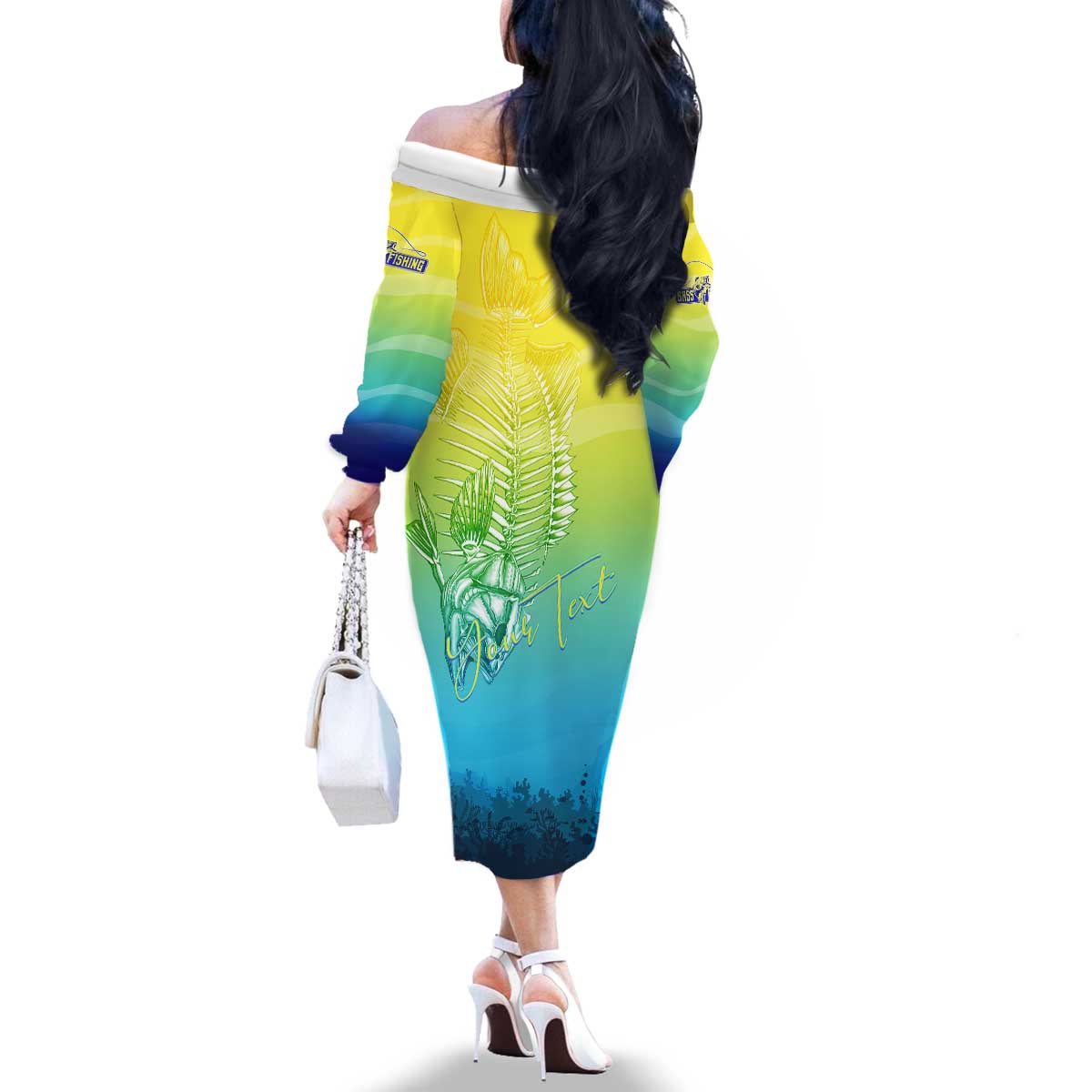 Personalized Fishing Bone Summer Bass Family Matching Off The Shoulder Long Sleeve Dress and Hawaiian Shirt Fishbone Ocean - Wonder Print Shop