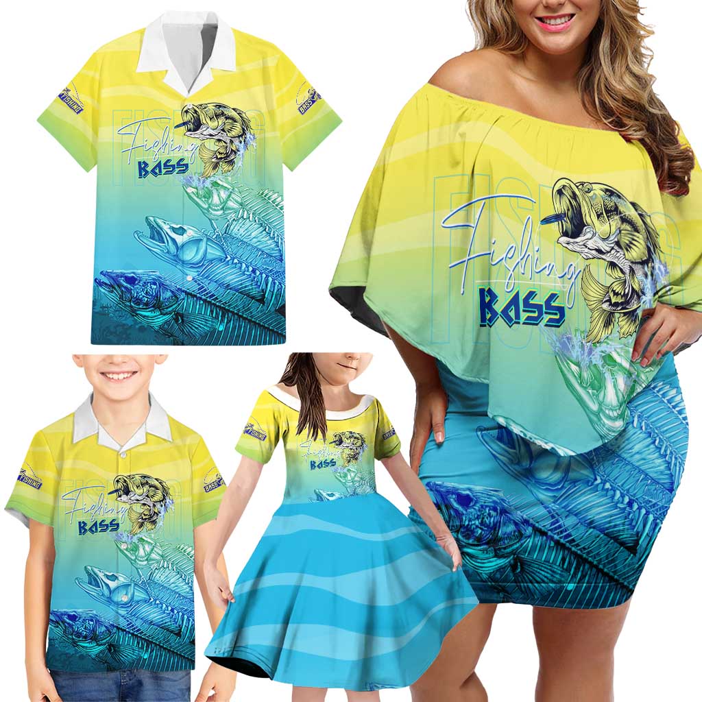 Personalized Fishing Bone Summer Bass Family Matching Off Shoulder Short Dress and Hawaiian Shirt Fishbone Ocean - Wonder Print Shop