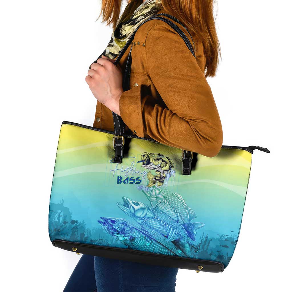 Fishing Bone Summer Bass Leather Tote Bag Fishbone Ocean - Wonder Print Shop
