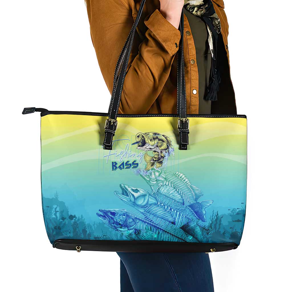 Fishing Bone Summer Bass Leather Tote Bag Fishbone Ocean - Wonder Print Shop