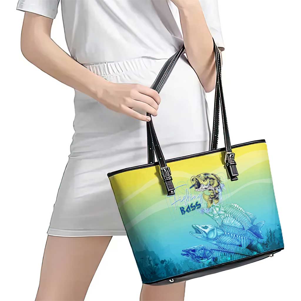 Fishing Bone Summer Bass Leather Tote Bag Fishbone Ocean - Wonder Print Shop