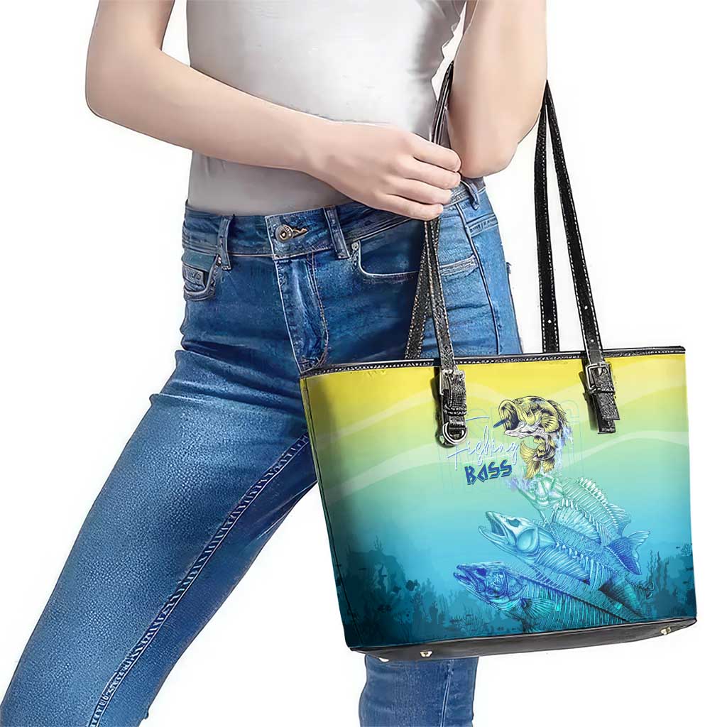 Fishing Bone Summer Bass Leather Tote Bag Fishbone Ocean - Wonder Print Shop