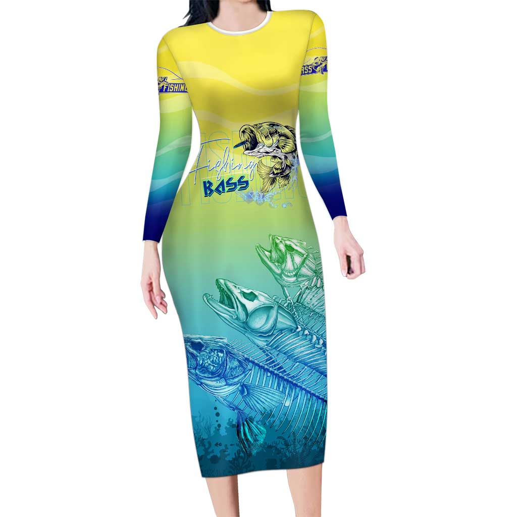 Personalized Fishing Bone Summer Bass Long Sleeve Bodycon Dress Fishbone Ocean - Wonder Print Shop