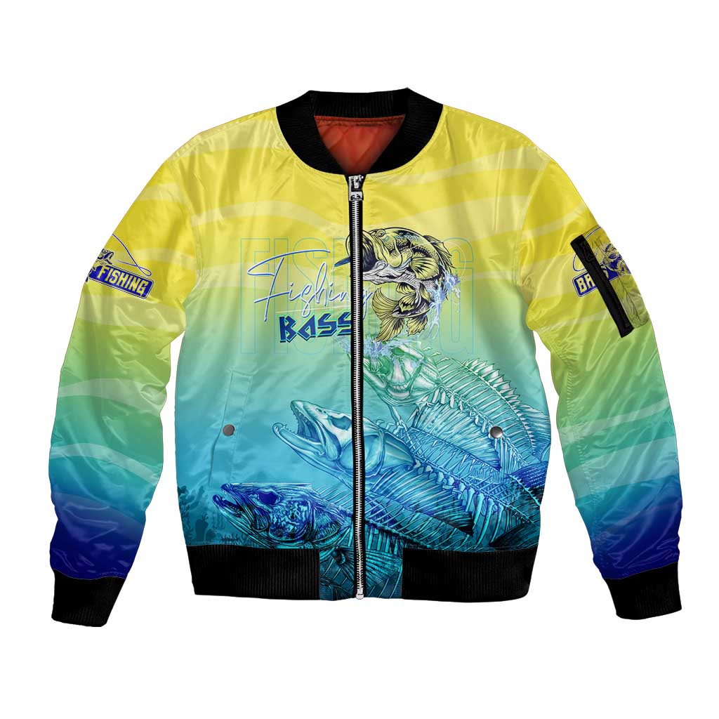 Personalized Fishing Bone Summer Bass Sleeve Zip Bomber Jacket Fishbone Ocean - Wonder Print Shop