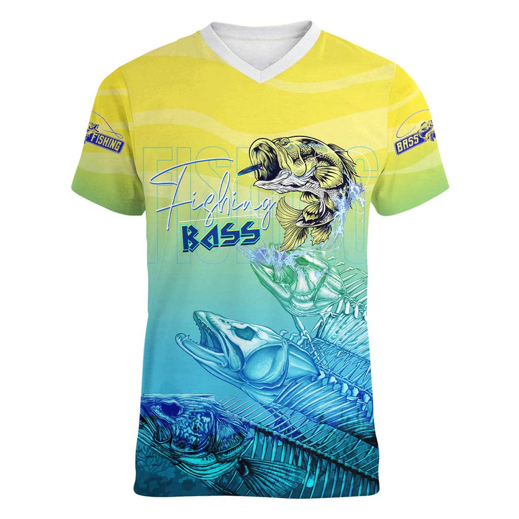 Personalized Fishing Bone Summer Bass Women V-Neck T-Shirt Fishbone Ocean - Wonder Print Shop