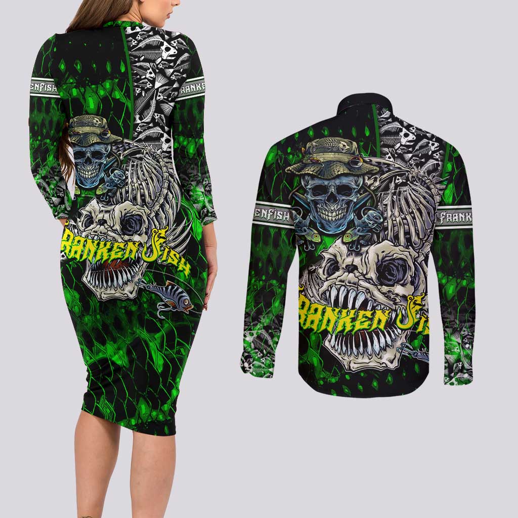 Personalized Franken Fish Couples Matching Long Sleeve Bodycon Dress and Long Sleeve Button Shirt Skull Fishing Green - Wonder Print Shop