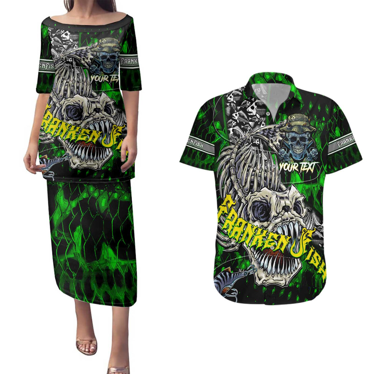 Personalized Franken Fish Couples Matching Puletasi and Hawaiian Shirt Skull Fishing Green - Wonder Print Shop