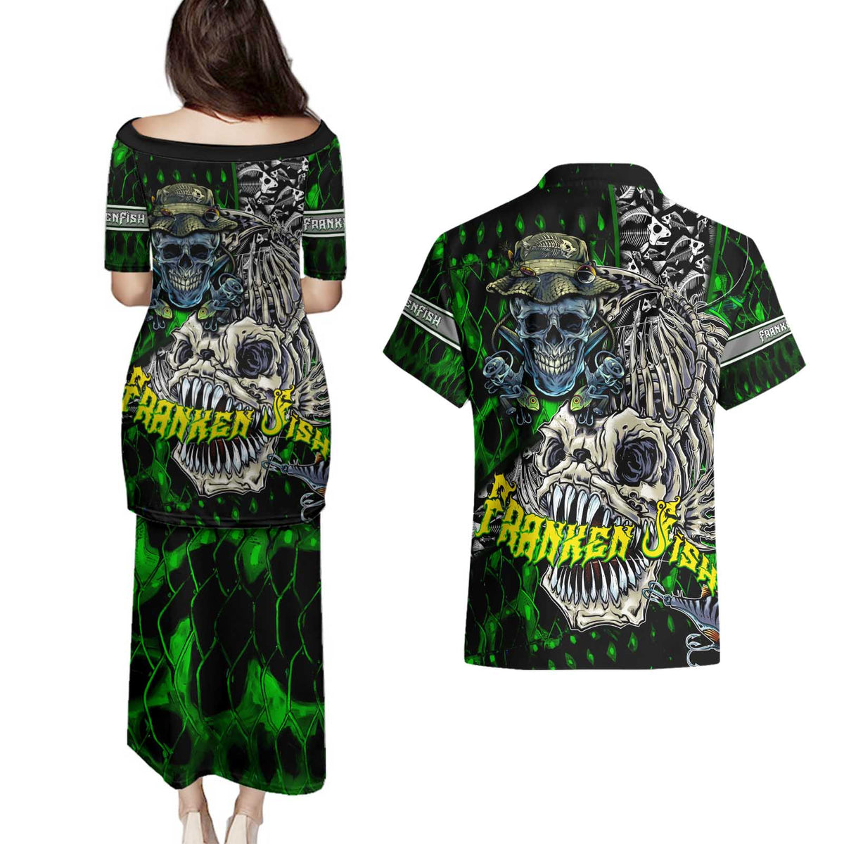 Personalized Franken Fish Couples Matching Puletasi and Hawaiian Shirt Skull Fishing Green - Wonder Print Shop