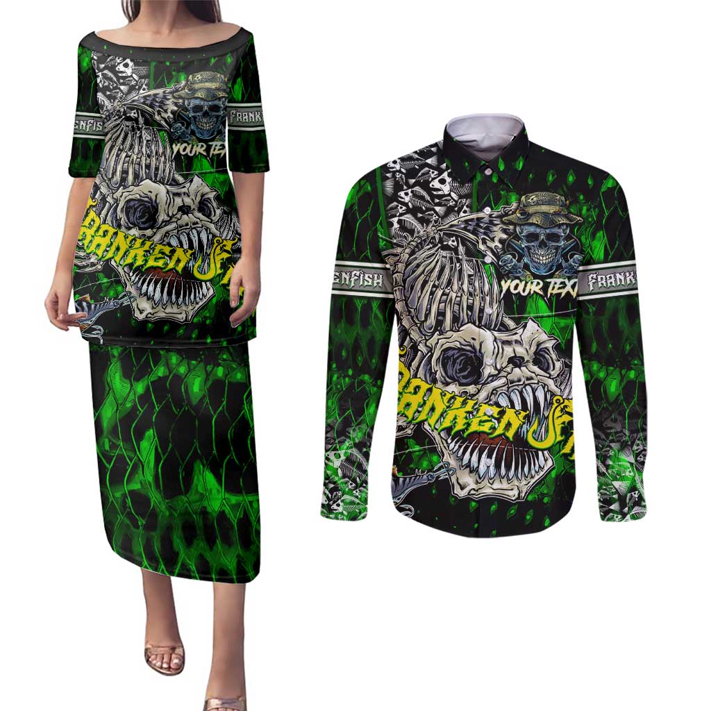Personalized Franken Fish Couples Matching Puletasi and Long Sleeve Button Shirt Skull Fishing Green - Wonder Print Shop