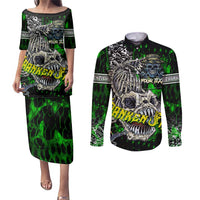 Personalized Franken Fish Couples Matching Puletasi and Long Sleeve Button Shirt Skull Fishing Green - Wonder Print Shop