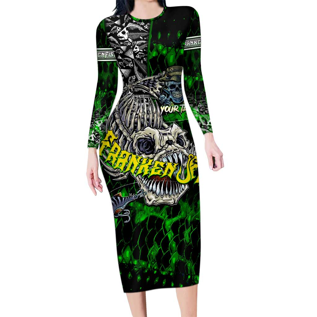 Personalized Franken Fish Family Matching Long Sleeve Bodycon Dress and Hawaiian Shirt Skull Fishing Green - Wonder Print Shop