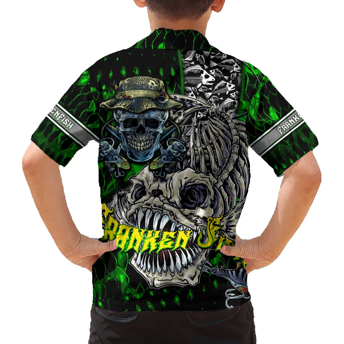 Personalized Franken Fish Family Matching Off The Shoulder Long Sleeve Dress and Hawaiian Shirt Skull Fishing Green - Wonder Print Shop