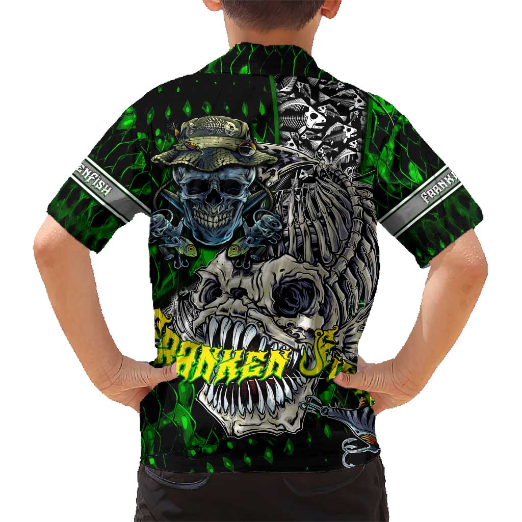 Personalized Franken Fish Family Matching Short Sleeve Bodycon Dress and Hawaiian Shirt Skull Fishing Green - Wonder Print Shop