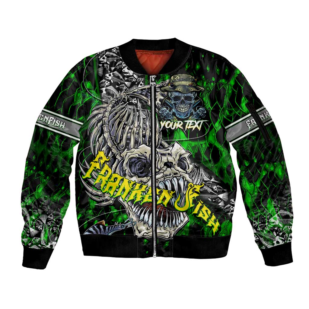 Personalized Franken Fish Sleeve Zip Bomber Jacket Skull Fishing Green - Wonder Print Shop