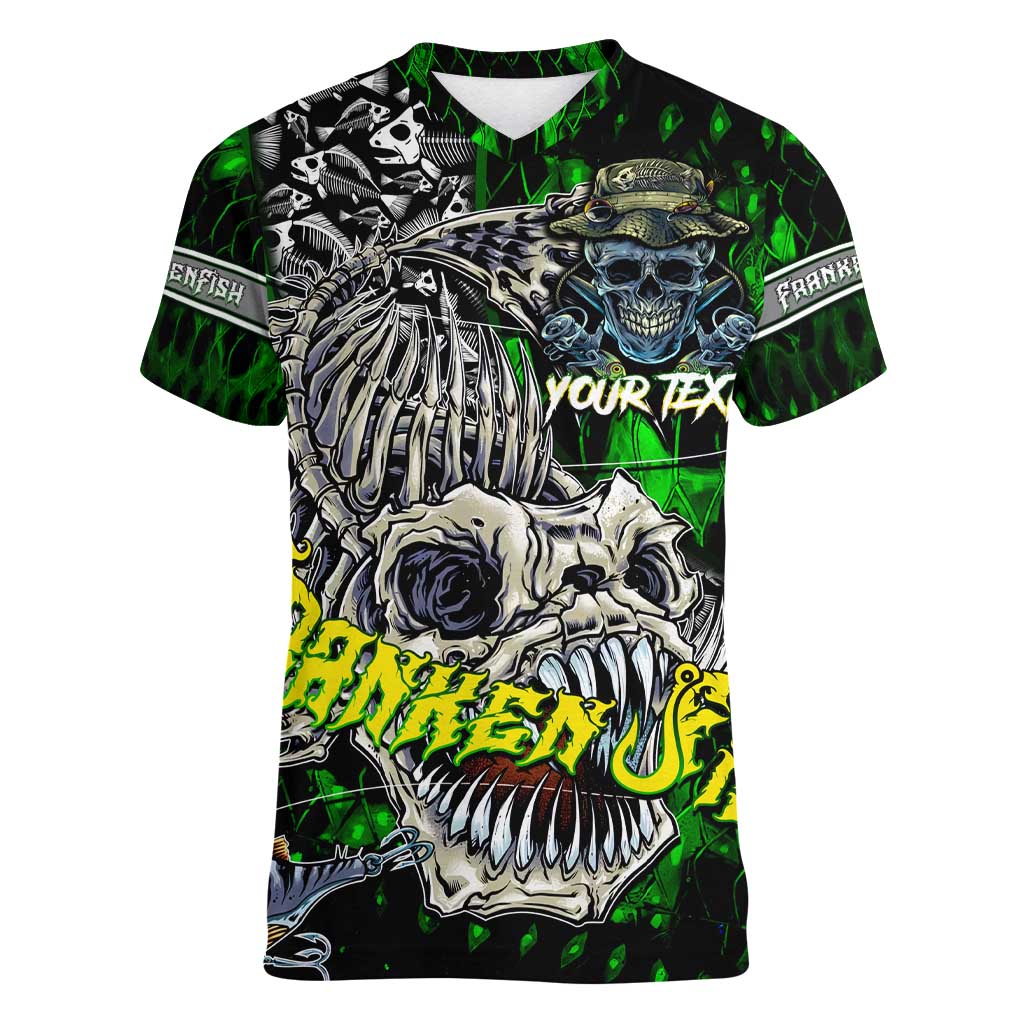 Personalized Franken Fish Women V-Neck T-Shirt Skull Fishing Green - Wonder Print Shop